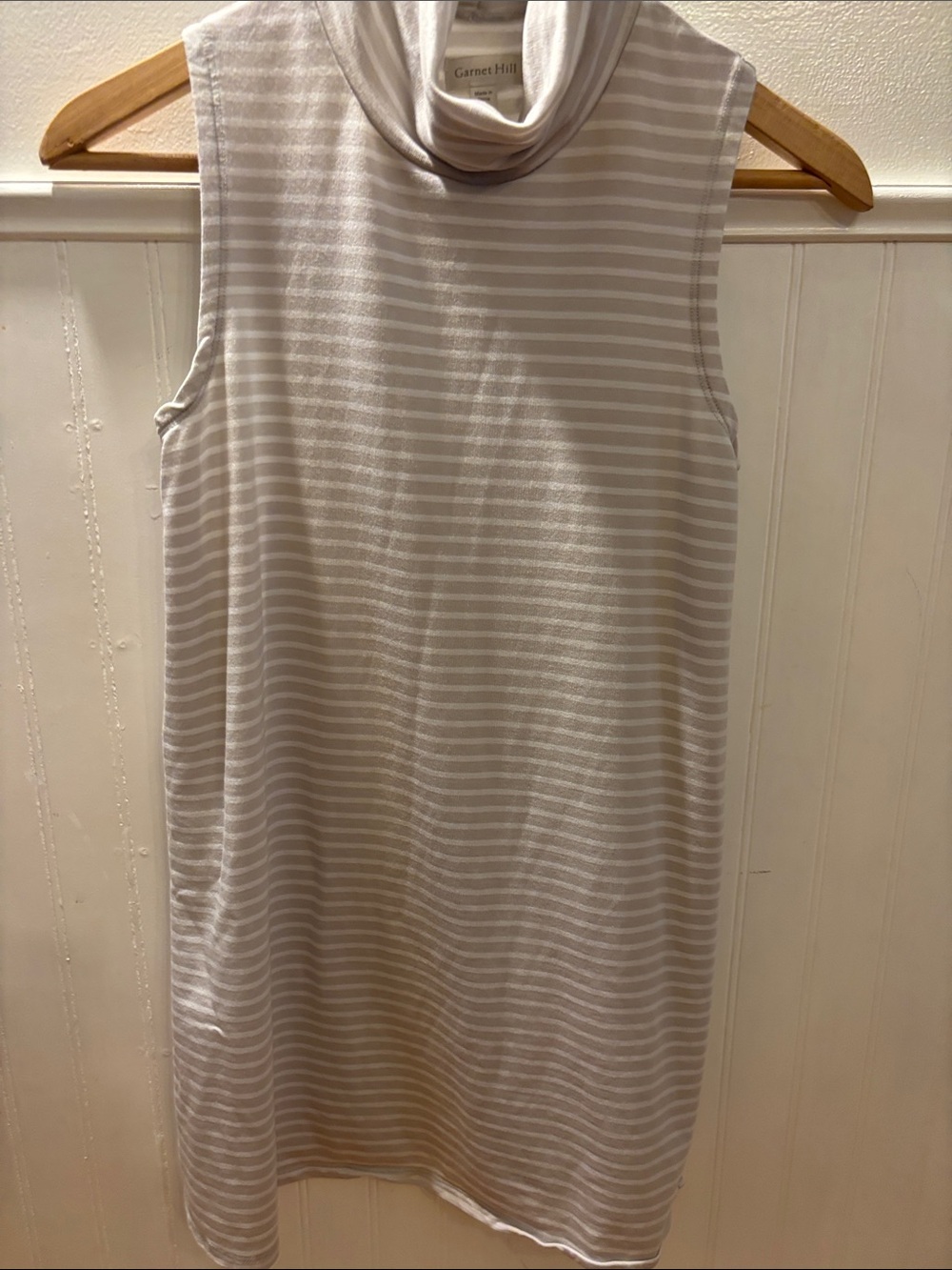 Garnet Hill Sleeveless Striped Turtleneck Tunic in Tan and White